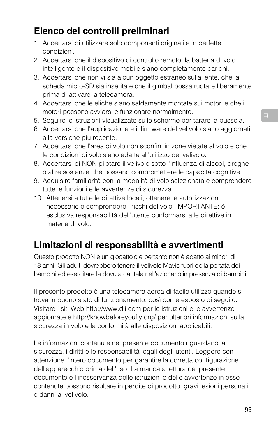 Limitazioni di responsabilità e avvertimenti, Elenco dei controlli preliminari | DJI Mavic Pro User Manual | Page 94 / 183