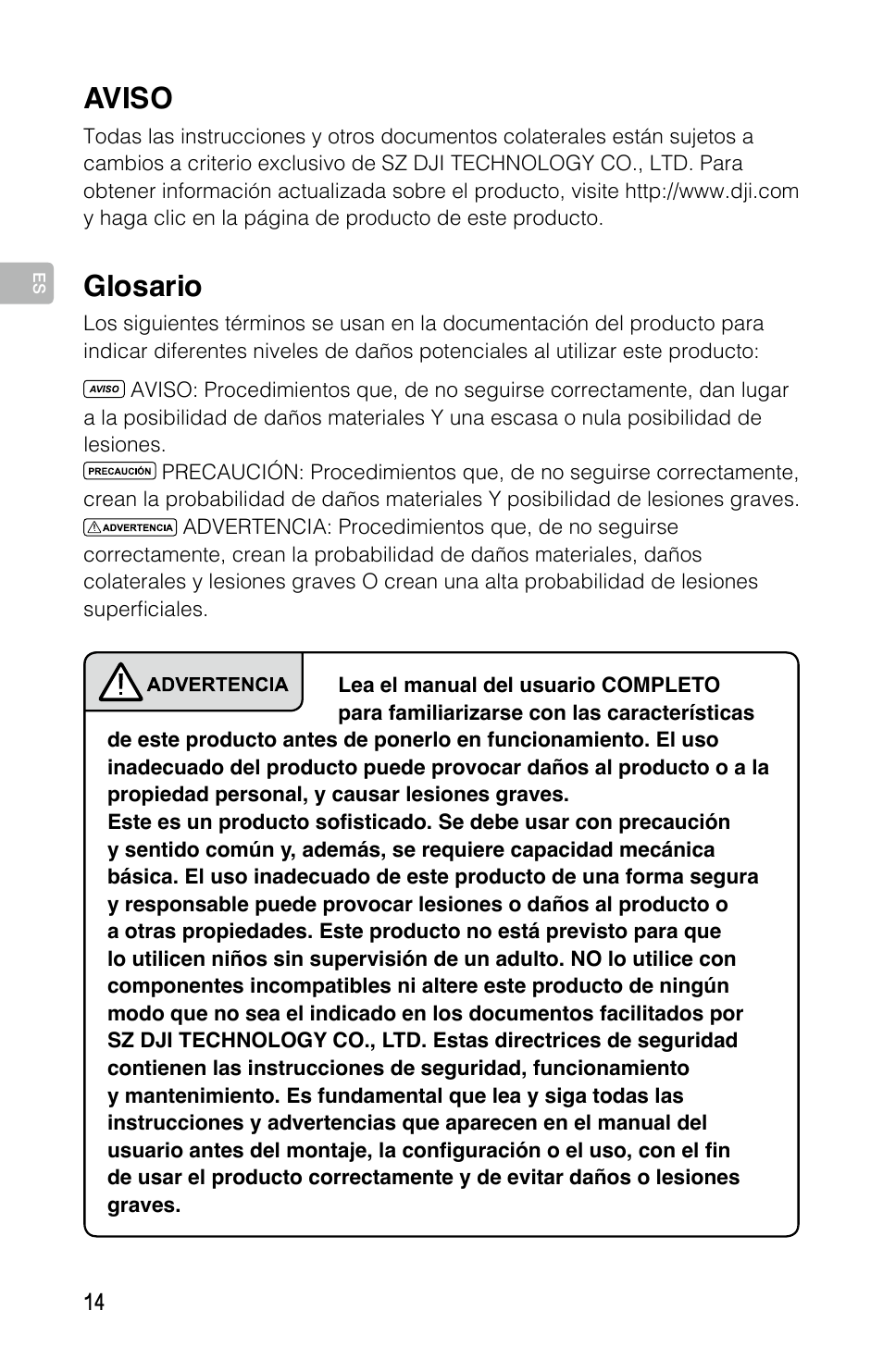 Aviso, Glosario | DJI Mavic Pro User Manual | Page 13 / 44