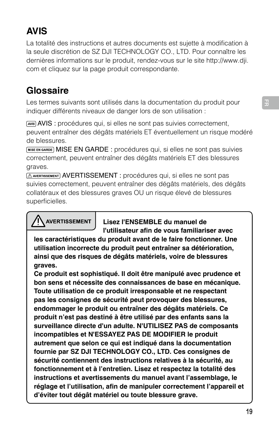 Intelligent flight battery consignes de sécurité, Avis, Glossaire | DJI Mavic Pro User Manual | Page 18 / 44