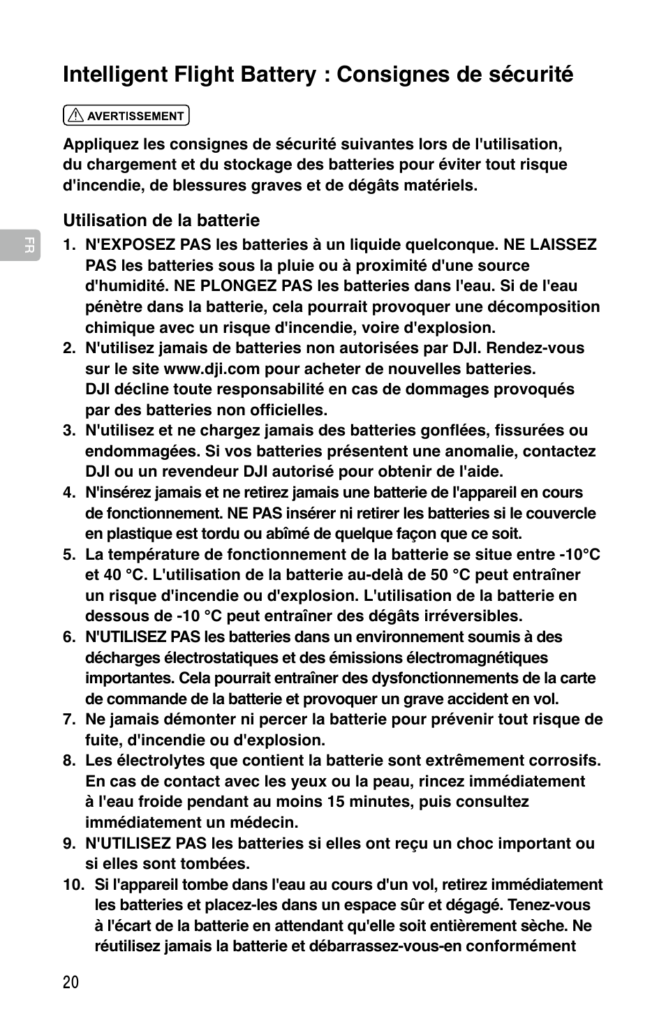 Intelligent flight battery : consignes de sécurité | DJI Mavic Pro User Manual | Page 19 / 44