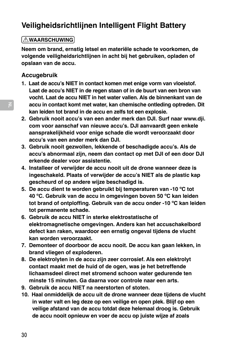 Veiligheidsrichtlijnen intelligent flight battery | DJI Mavic Pro User Manual | Page 29 / 44