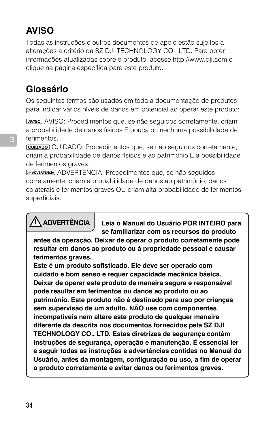 Intelligent flight battery diretrizes de segurança, Aviso, Glossário | DJI Mavic Pro User Manual | Page 33 / 44