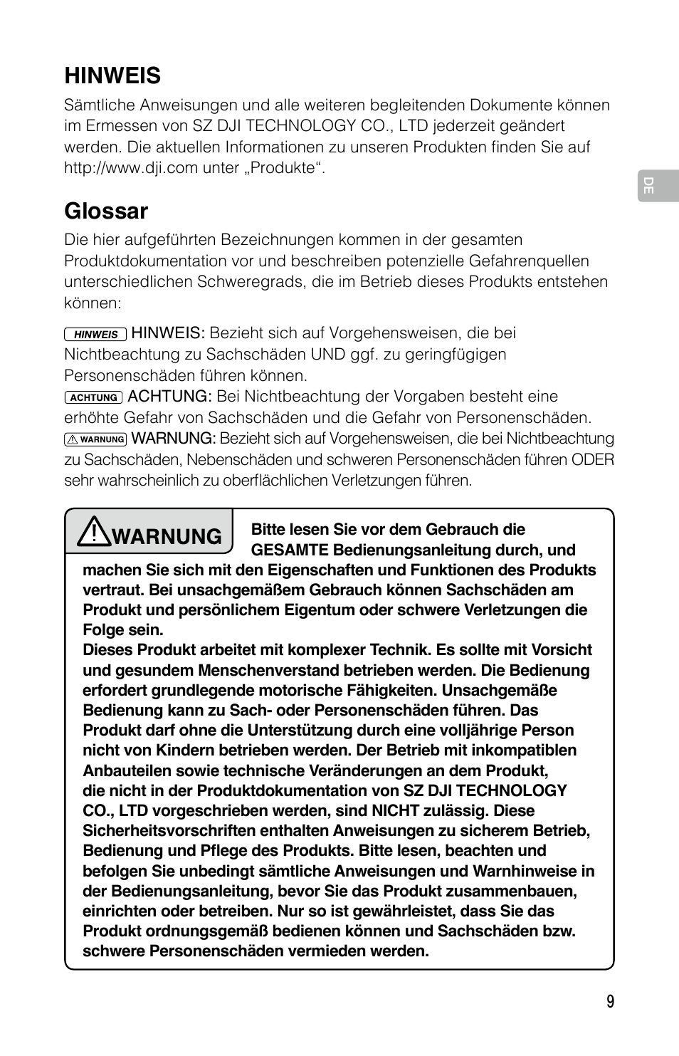 Intelligent flight battery sicherheitsvorschriften, Hinweis, Glossar | DJI Mavic Pro User Manual | Page 8 / 44