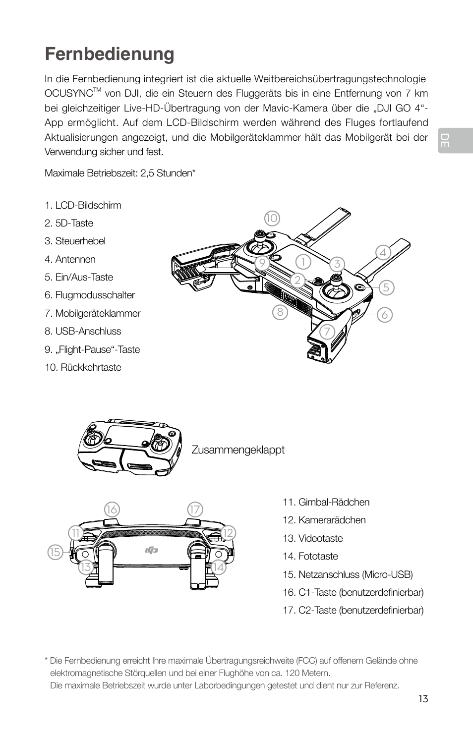 Fernbedienung | DJI Mavic Pro User Manual | Page 15 / 84