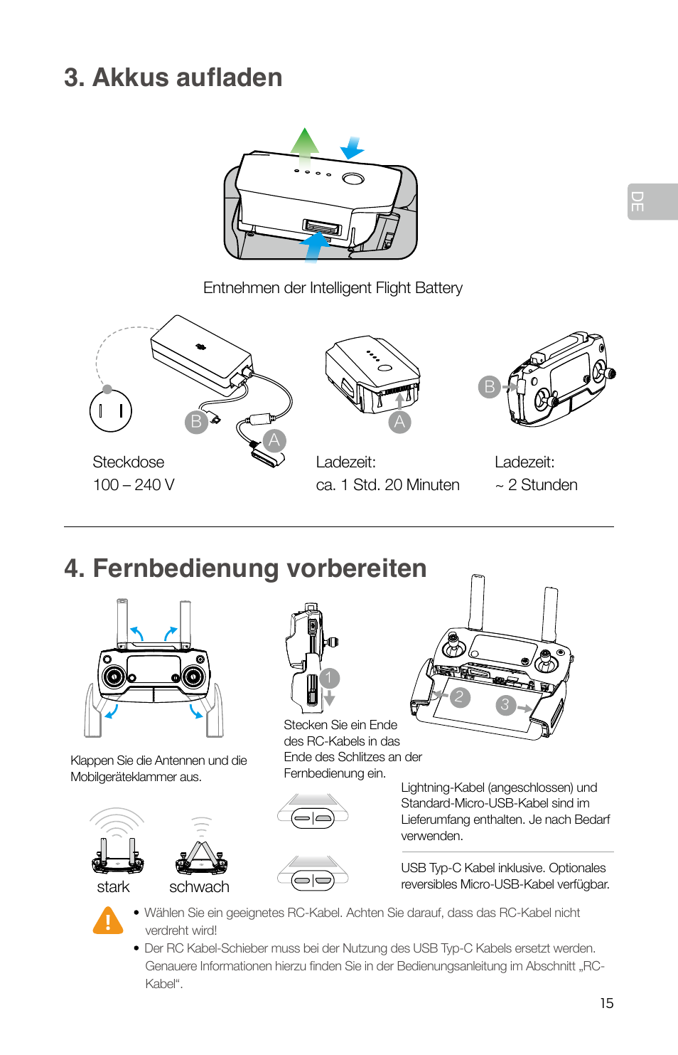 Akkus aufladen 4. fernbedienung vorbereiten | DJI Mavic Pro User Manual | Page 17 / 84