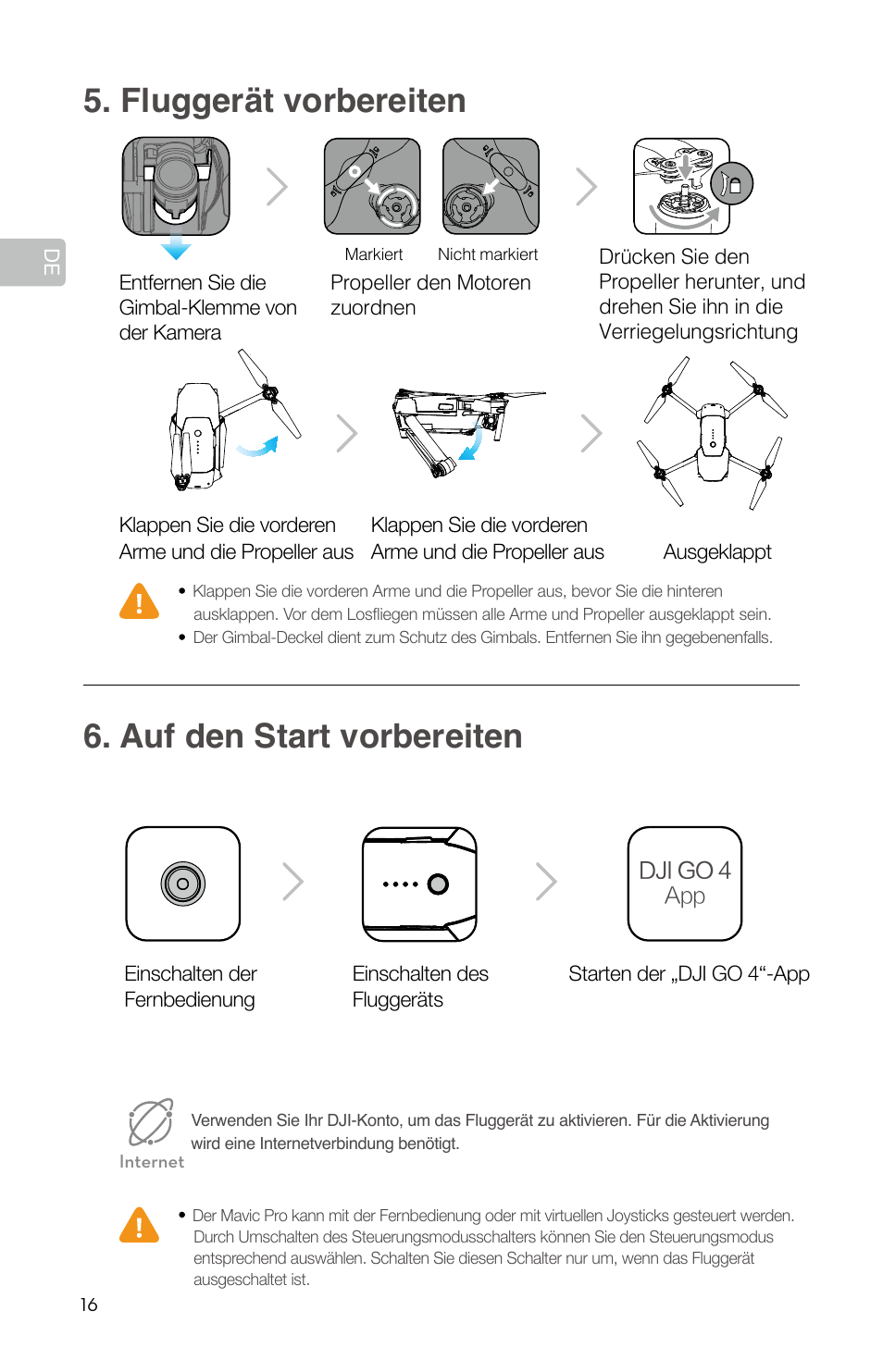 Fluggerät vorbereiten 6. auf den start vorbereiten | DJI Mavic Pro User Manual | Page 18 / 84