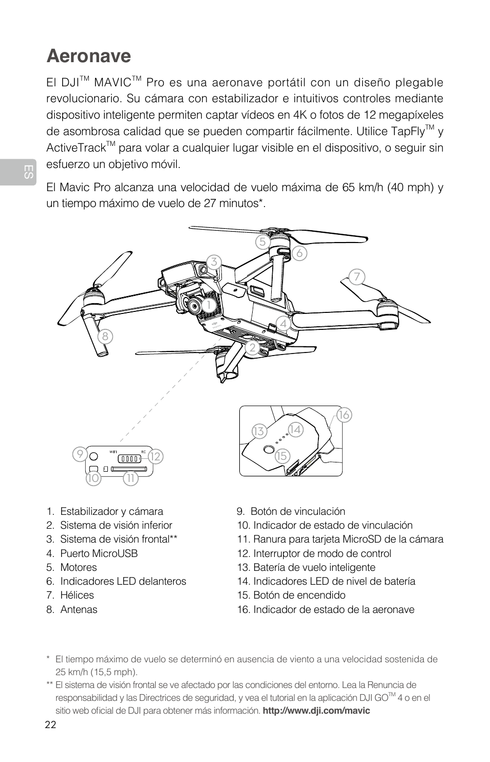 Guía de inicio rápido, Aeronave | DJI Mavic Pro User Manual | Page 24 / 84