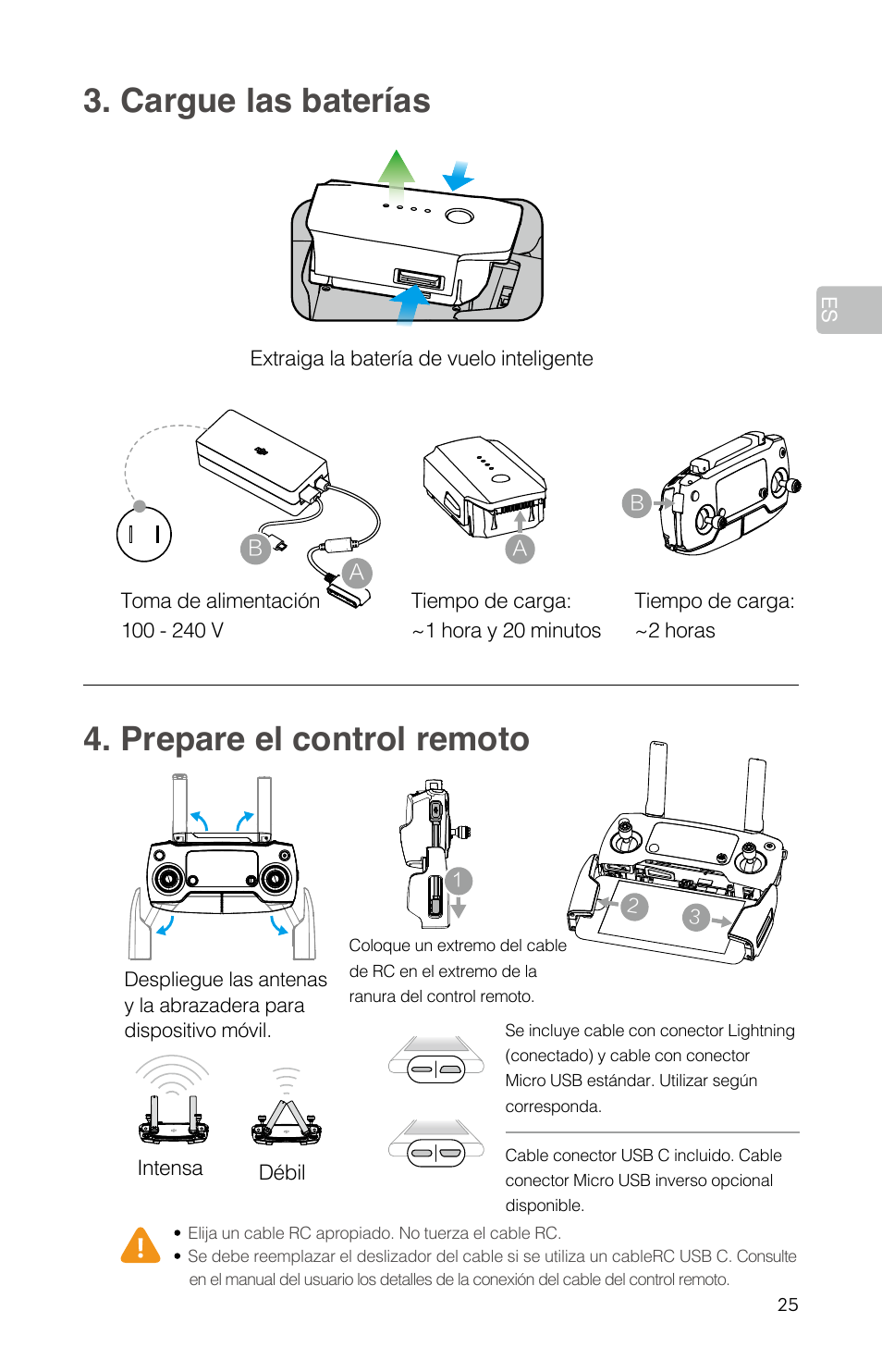 Cargue las baterías, Prepare el control remoto | DJI Mavic Pro User Manual | Page 27 / 84