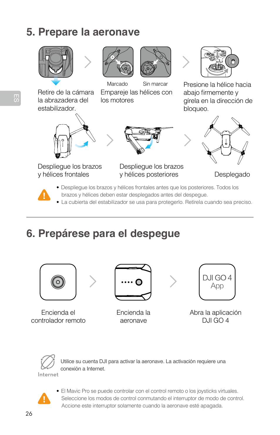 Prepare la aeronave 6. prepárese para el despegue | DJI Mavic Pro User Manual | Page 28 / 84