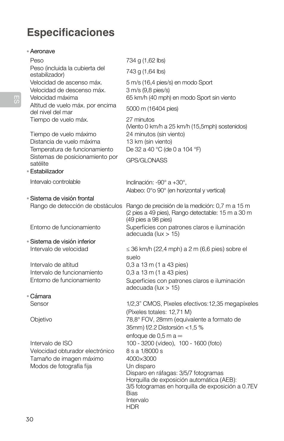 Especificaciones | DJI Mavic Pro User Manual | Page 32 / 84