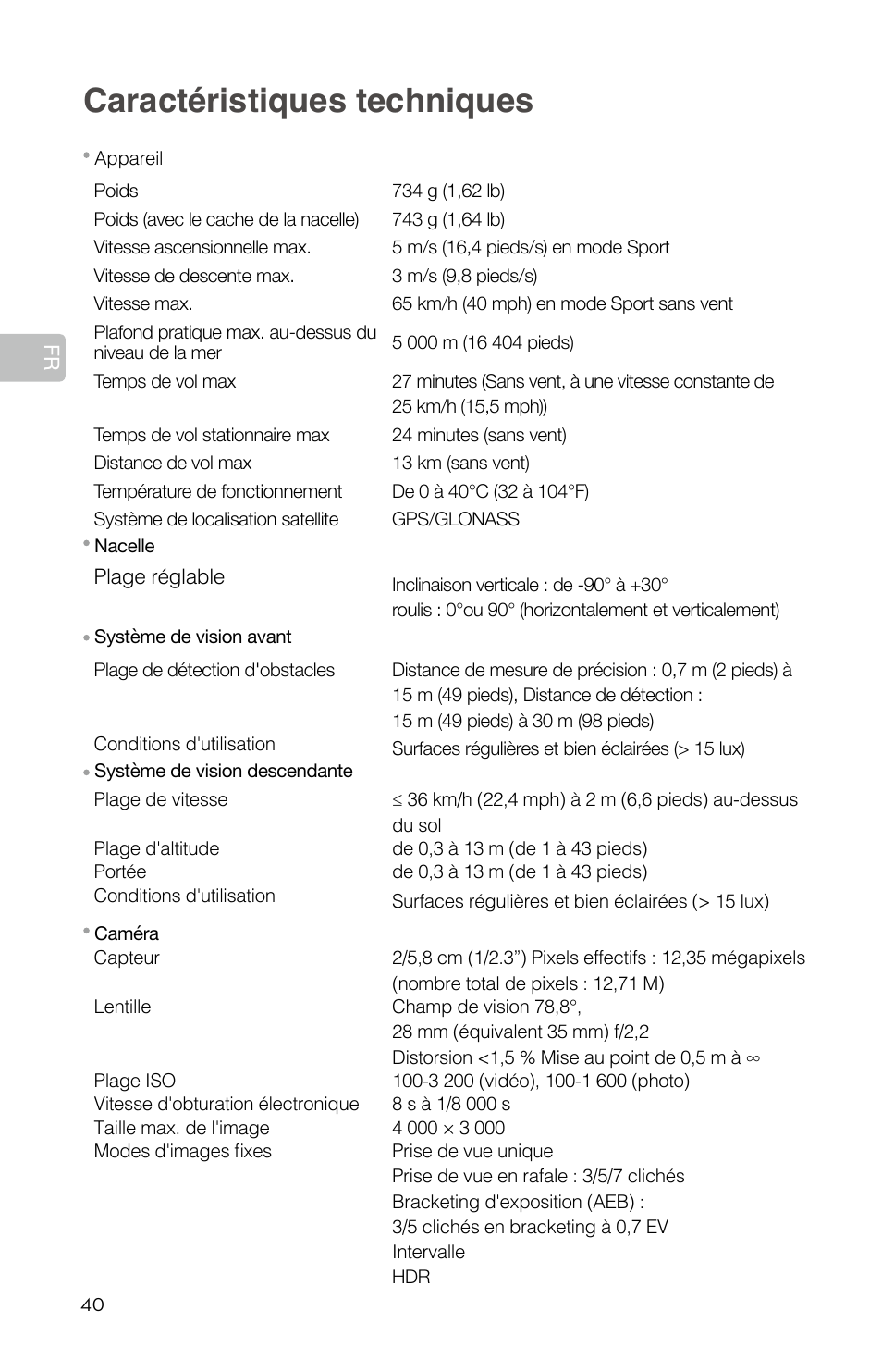 Caractéristiques techniques | DJI Mavic Pro User Manual | Page 42 / 84