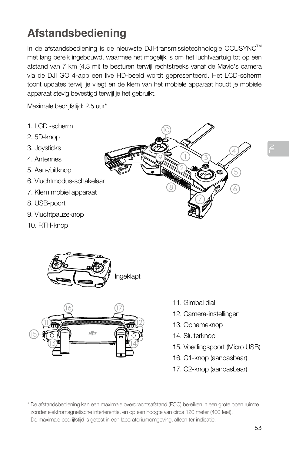 Afstandsbediening | DJI Mavic Pro User Manual | Page 55 / 84