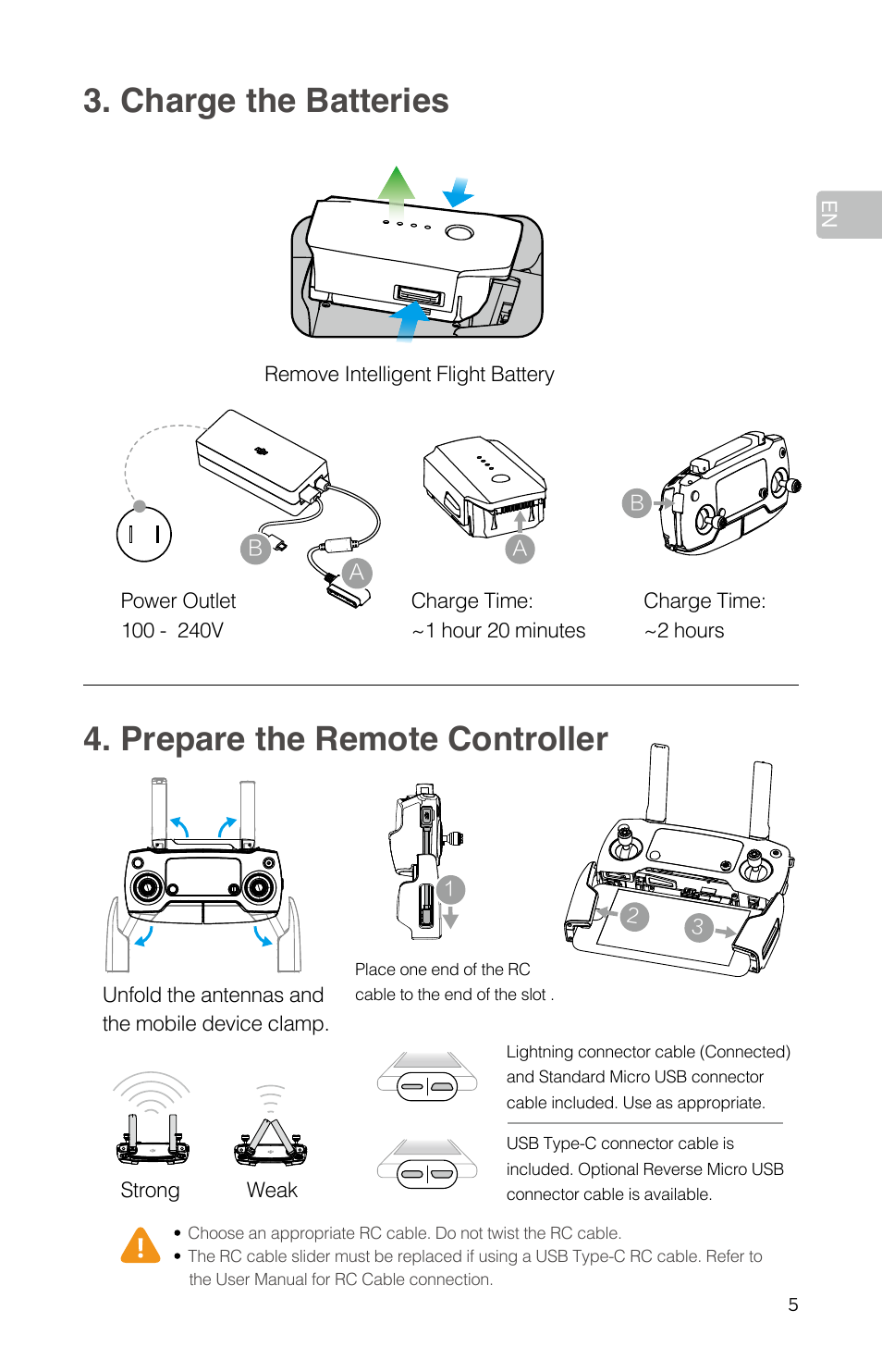 Charge the batteries, Prepare the remote controller | DJI Mavic Pro User Manual | Page 7 / 84