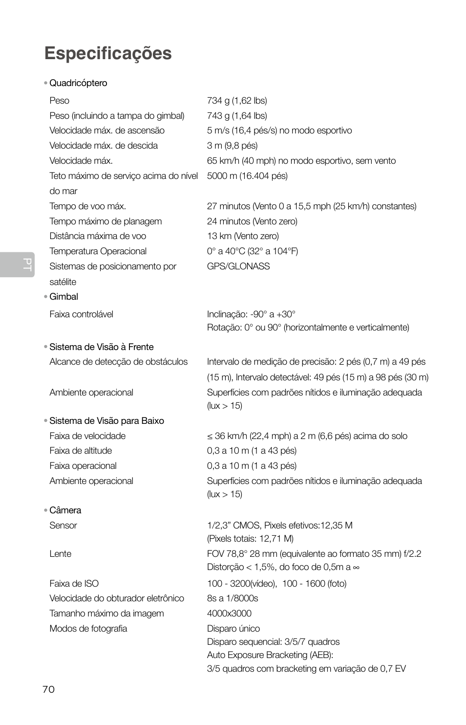 Especificações | DJI Mavic Pro User Manual | Page 72 / 84