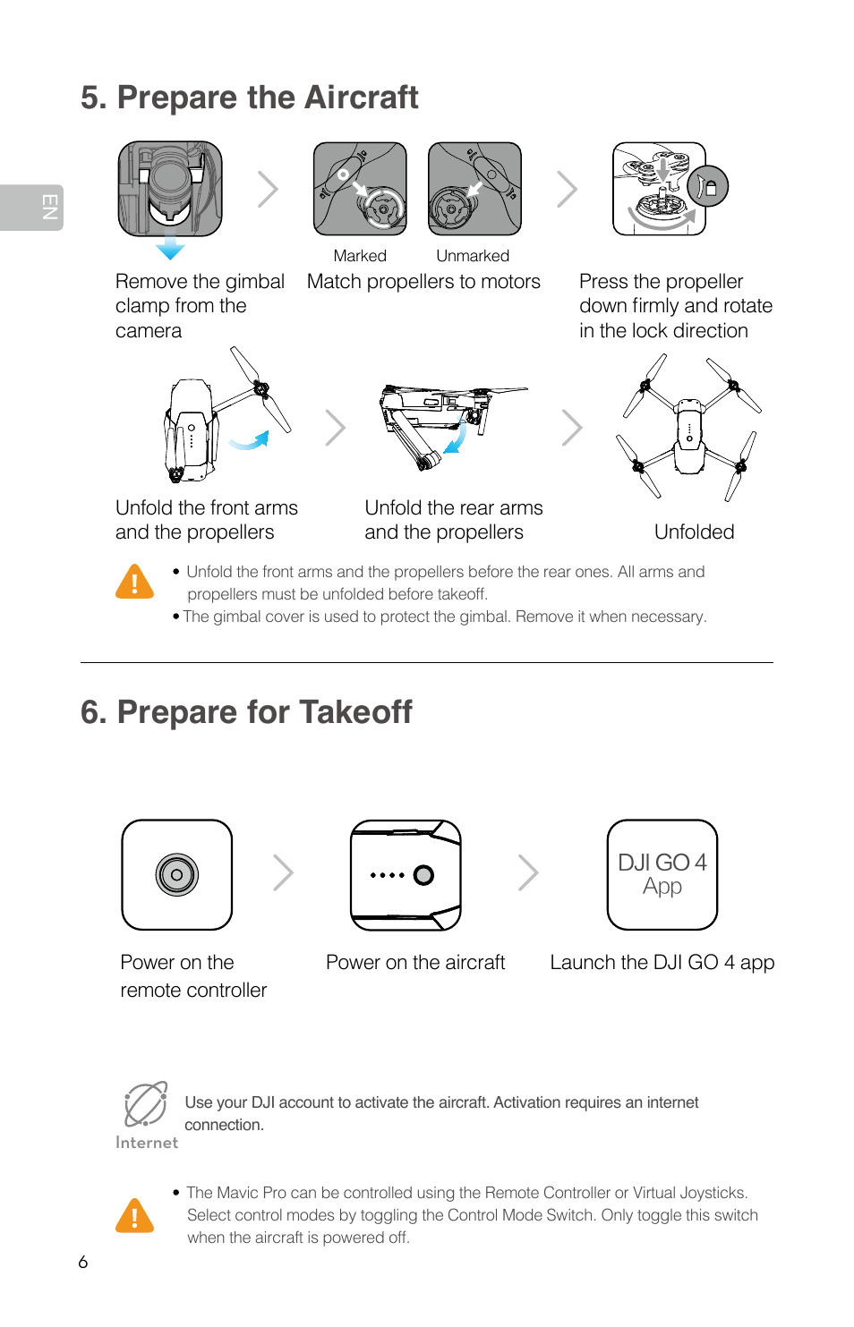 Prepare the aircraft 6. prepare for takeoff | DJI Mavic Pro User Manual | Page 8 / 84