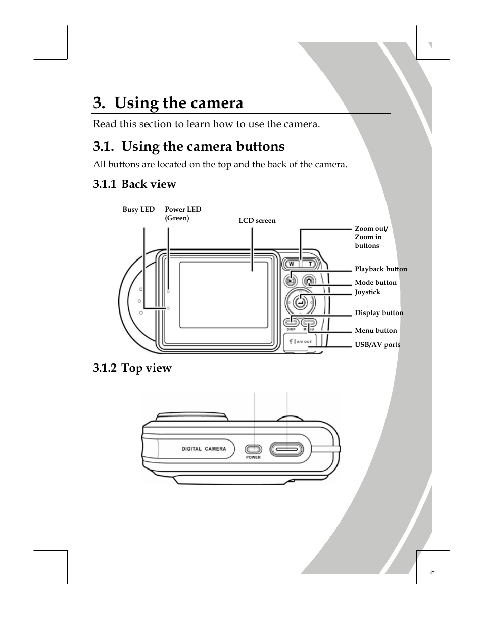 Using the camera, Using the camera buttons, Back view | Top view, 1 back view, 2 top view | DXG Technology DXG-518 User Manual | Page 23 / 54