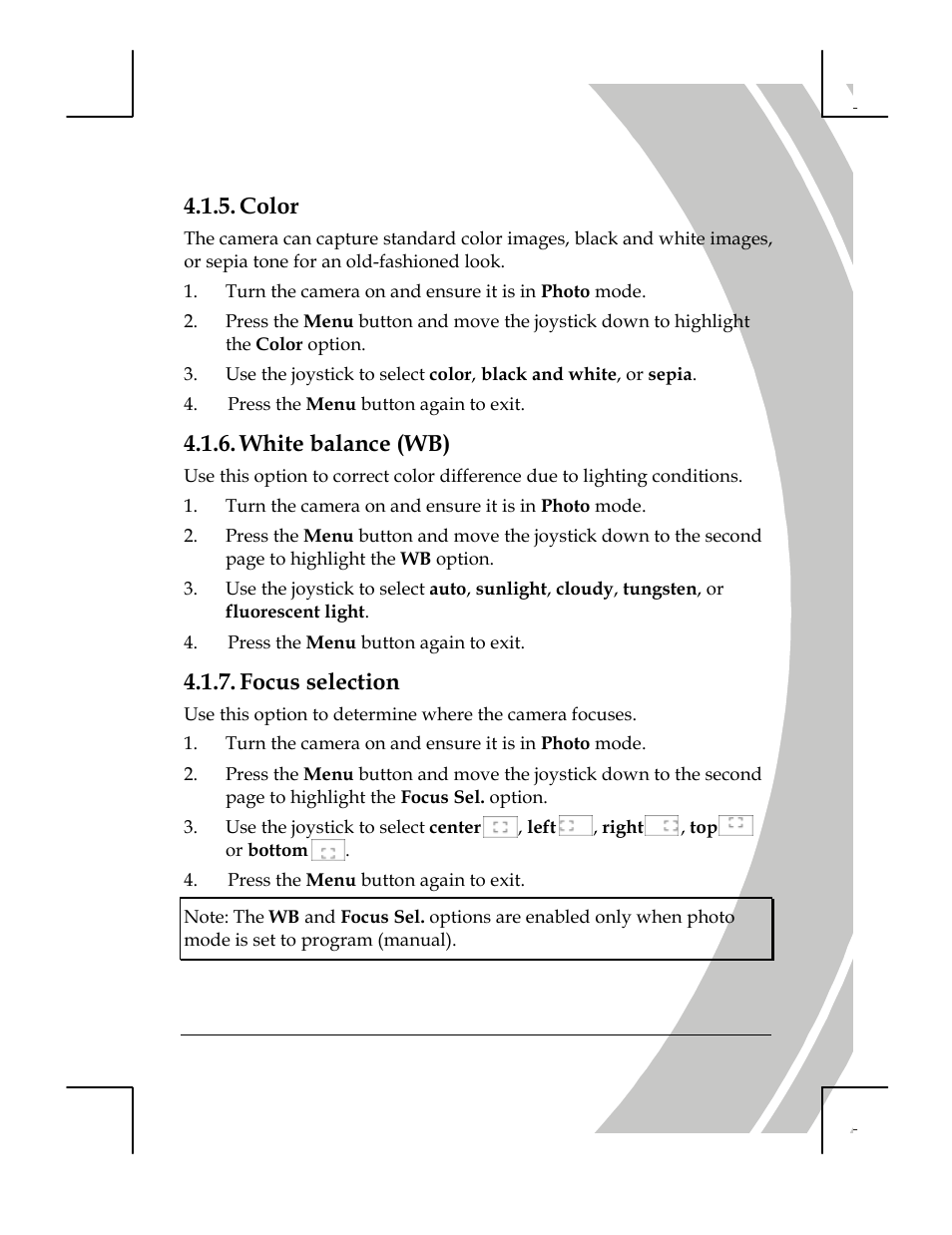 Color, White balance, Focus selection | White balance (wb) | DXG Technology DXG-518 User Manual | Page 39 / 54