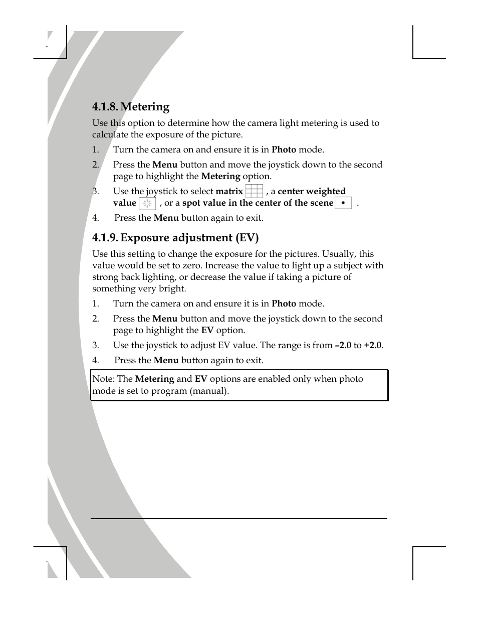 Metering, Exposure adjustment (ev) | DXG Technology DXG-518 User Manual | Page 40 / 54