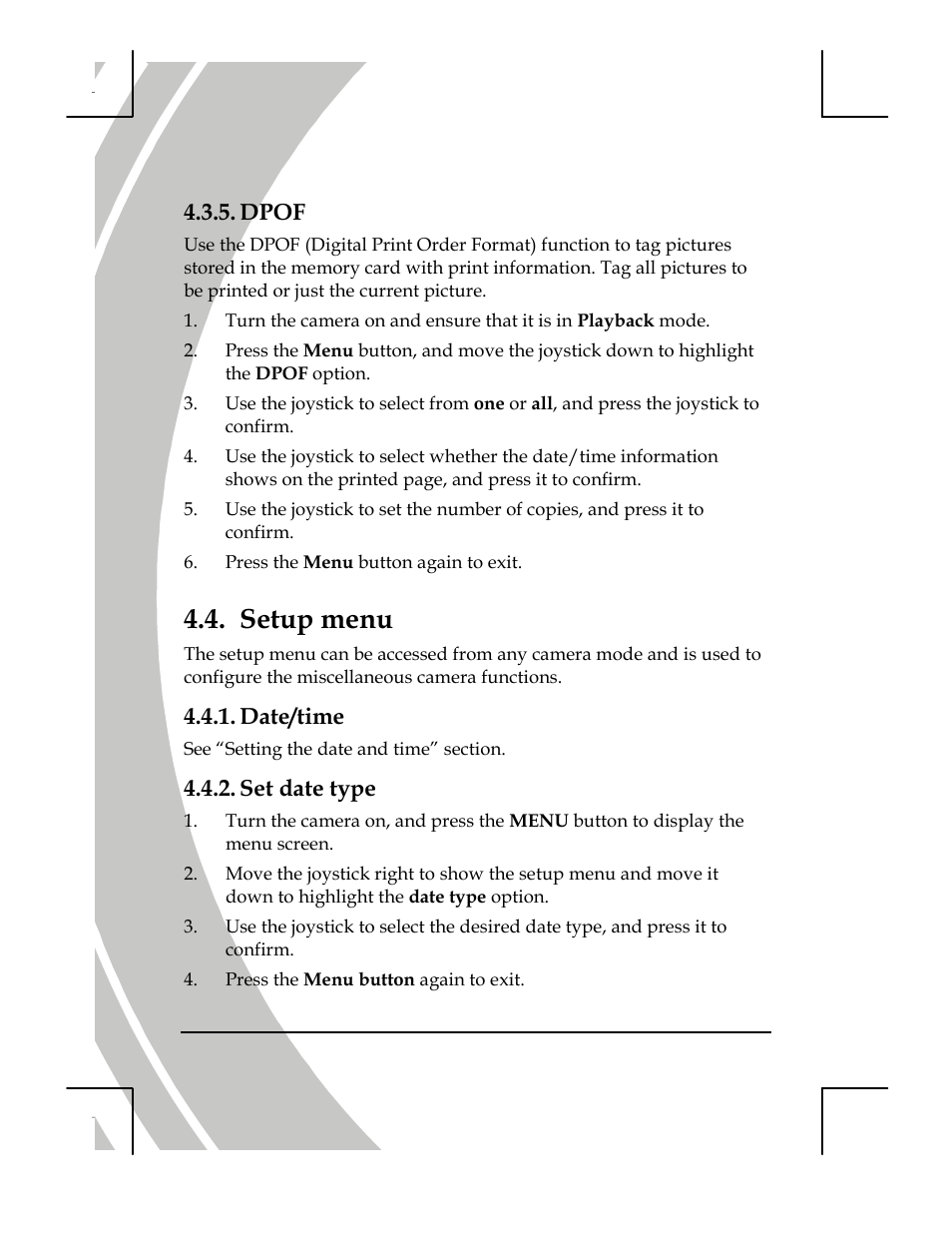 Dpof, Setup menu, Date/time | Set date type | DXG Technology DXG-518 User Manual | Page 44 / 54