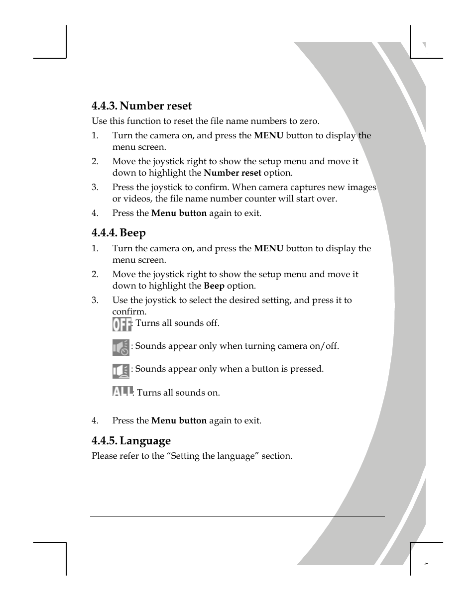 Number reset, Beep, Language | DXG Technology DXG-518 User Manual | Page 45 / 54