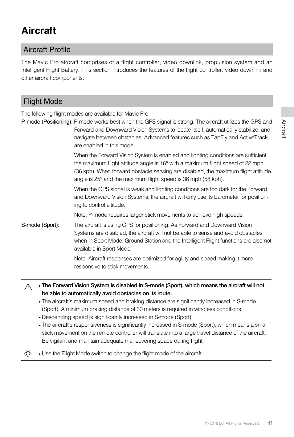 Aircraft, Aircraft profile, Flight mode | Ircraft profile | DJI Mavic Pro User Manual | Page 11 / 60