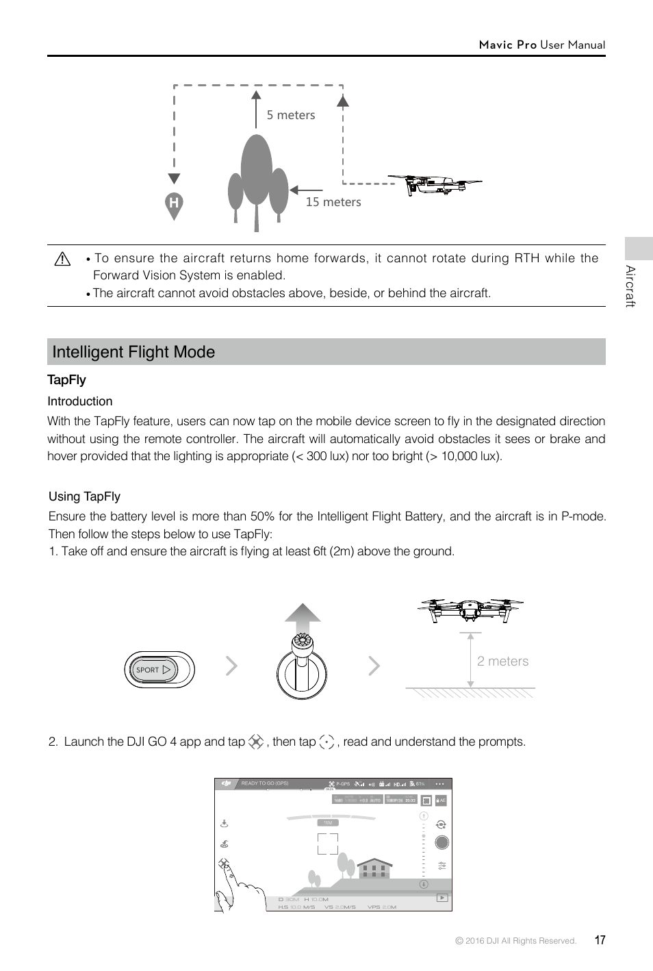 Intelligent flight mode, Tapfly, 2 meters | Aircraft mavic pro user manual, 15 meters 5 meters | DJI Mavic Pro User Manual | Page 17 / 60