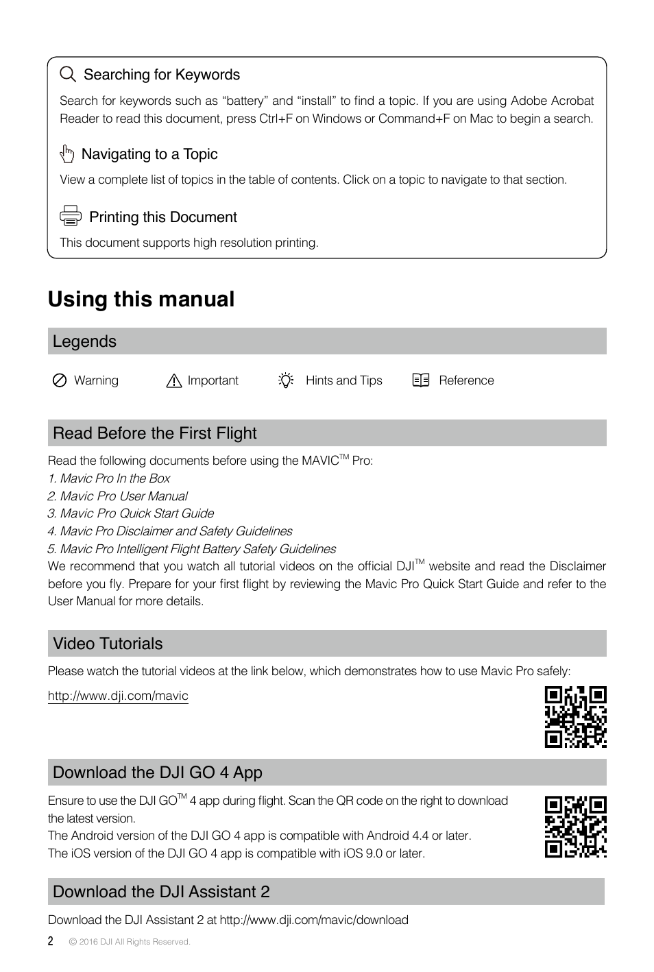 Using this manual, Legends, Read before the first flight | Video tutorials, Download the dji go 4 app, Download the dji assistant 2 | DJI Mavic Pro User Manual | Page 2 / 60