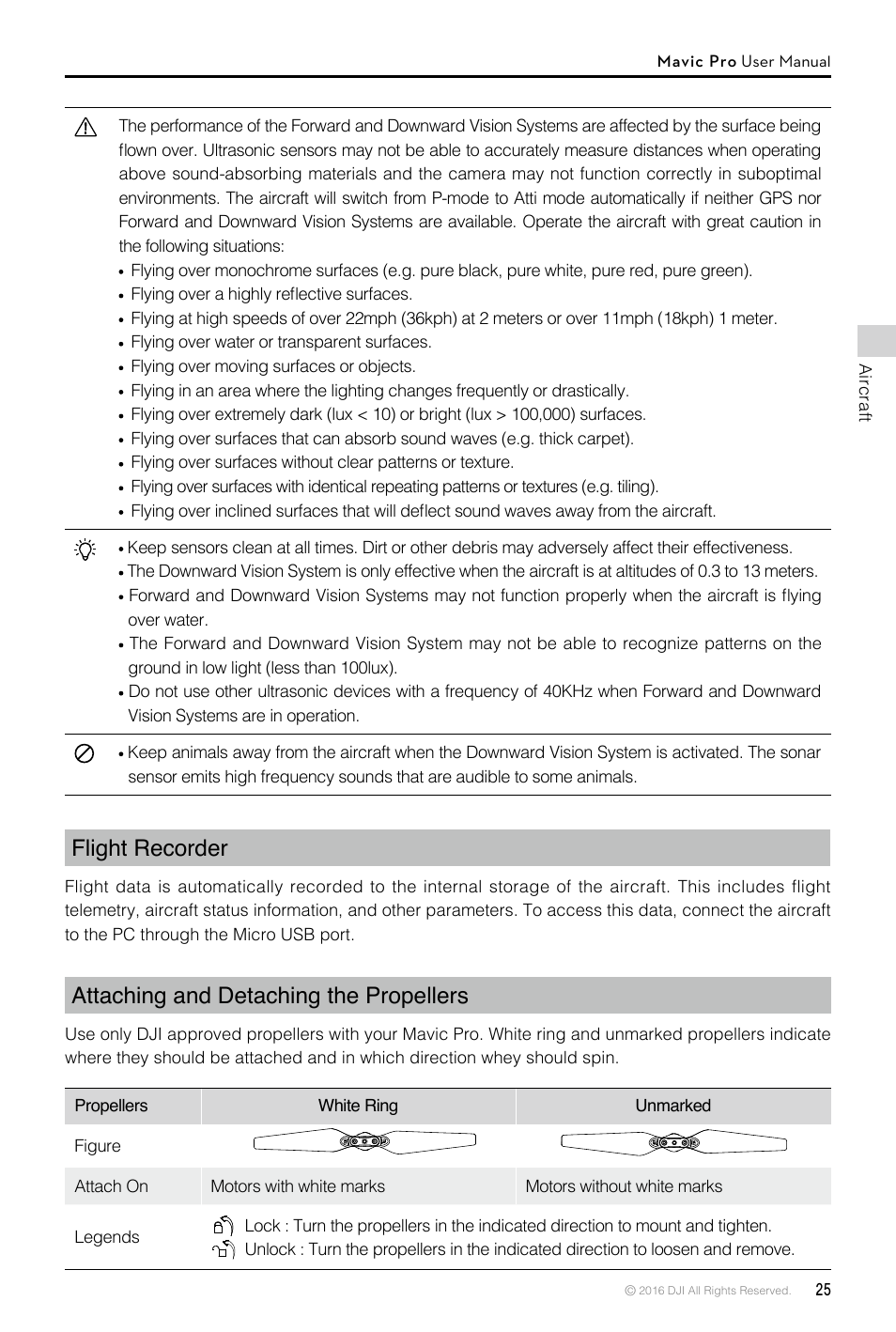 Flight recorder, Attaching and detaching the propellers | DJI Mavic Pro User Manual | Page 25 / 60