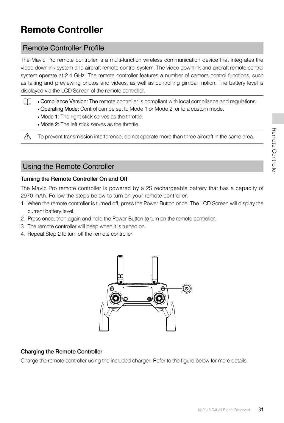 Remote controller, Remote controller profile, Using the remote controller | DJI Mavic Pro User Manual | Page 31 / 60