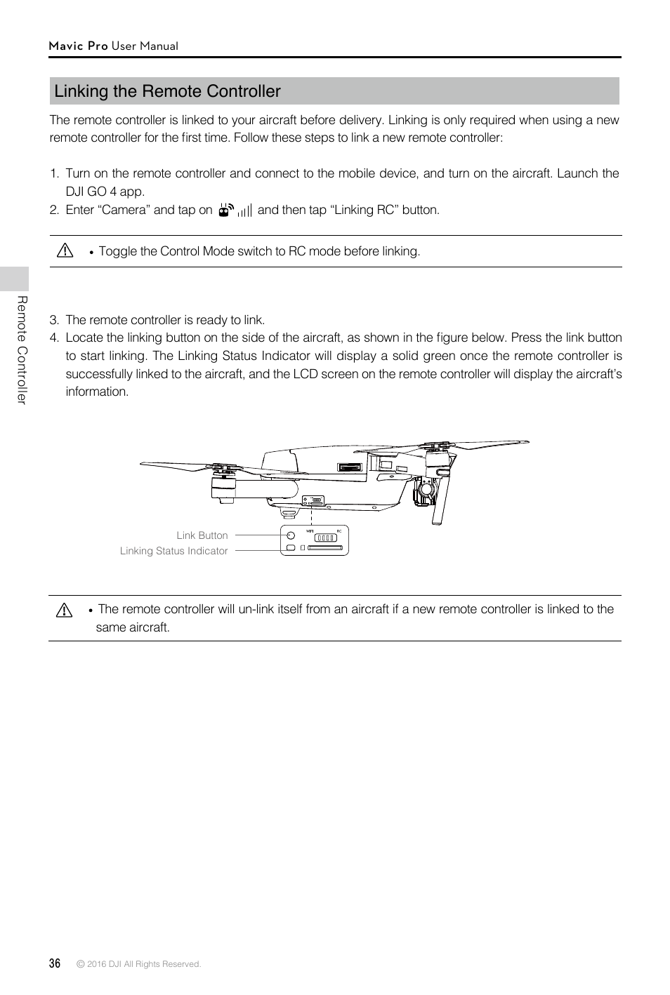 Linking the remote controller | DJI Mavic Pro User Manual | Page 36 / 60