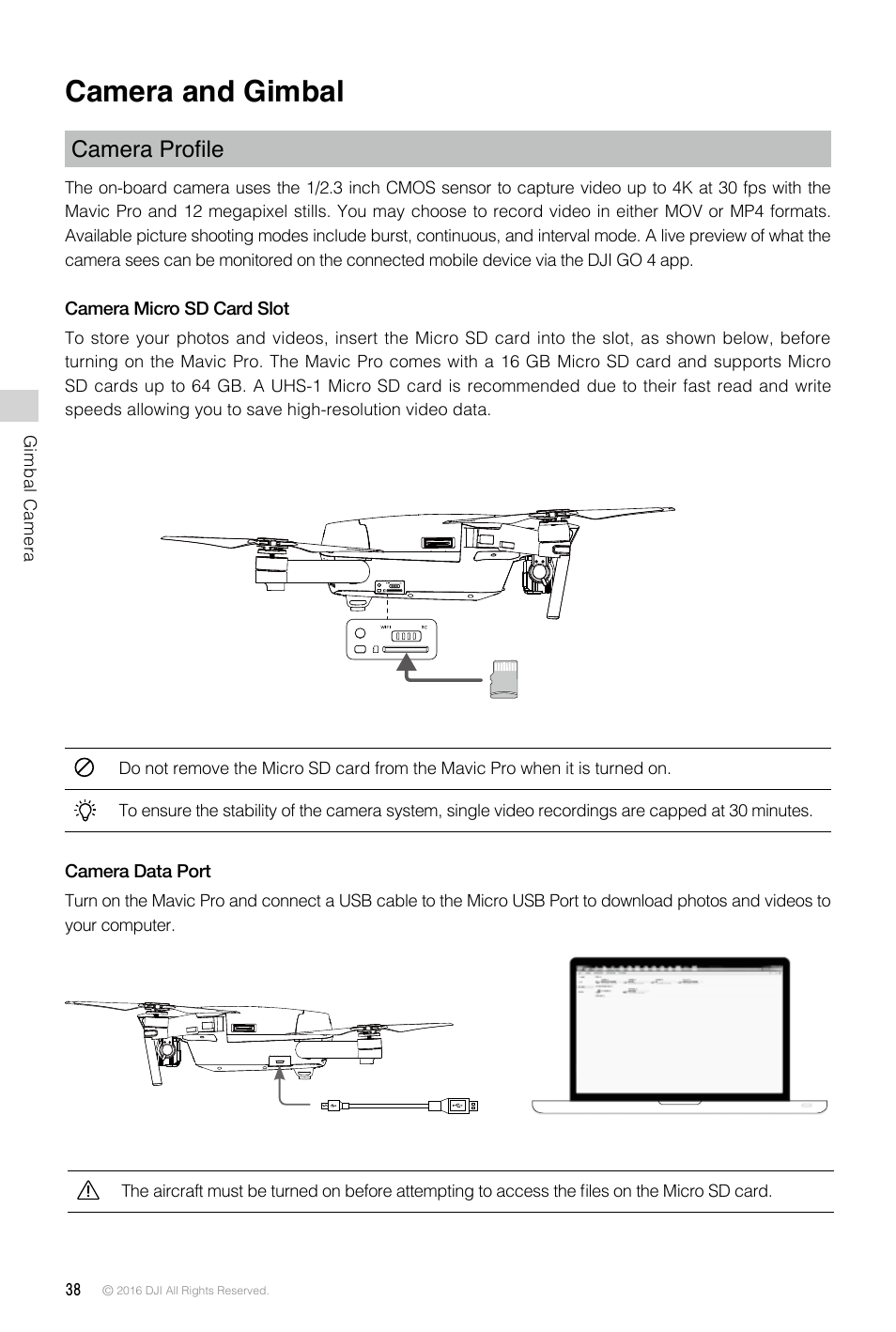 Camera and gimbal, Camera profile | DJI Mavic Pro User Manual | Page 38 / 60