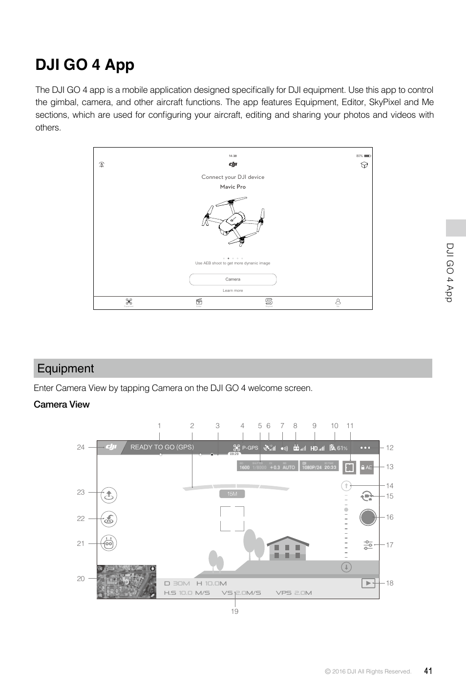 Dji go 4 app, Equipment, Camera view | DJI Mavic Pro User Manual | Page 41 / 60