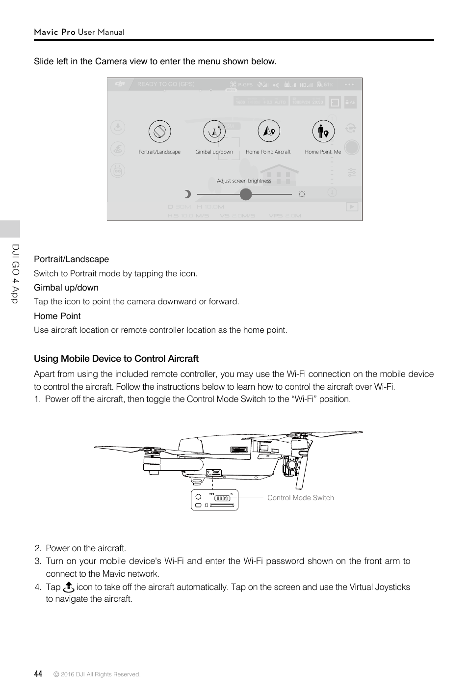 Using mobile device to control aircraft, Dji go 4 app mavic pro user manual, Portrait/landscape | Gimbal up/down, Home point, Switch to portrait mode by tapping the icon | DJI Mavic Pro User Manual | Page 44 / 60