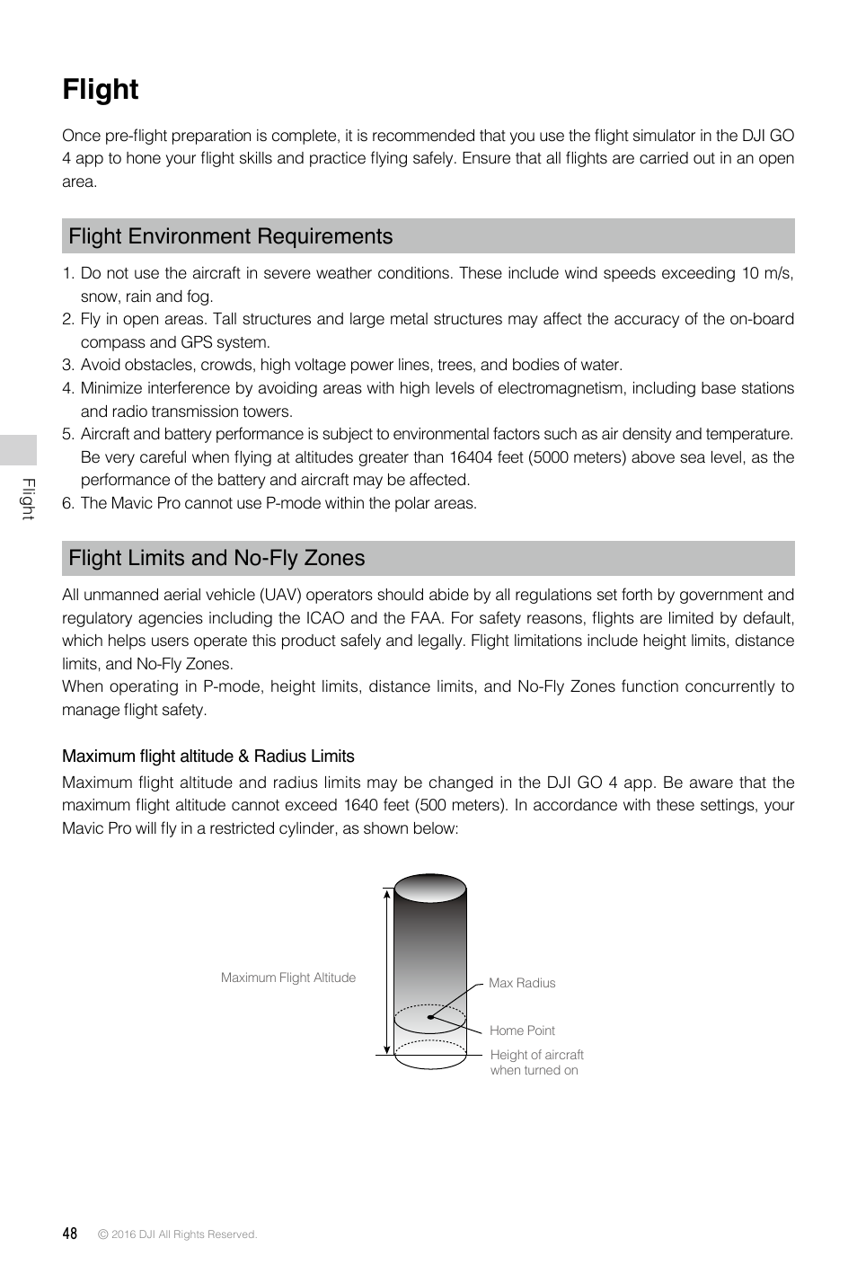 Flight, Flight environment requirements, Flight limits and no-fly zones | DJI Mavic Pro User Manual | Page 48 / 60