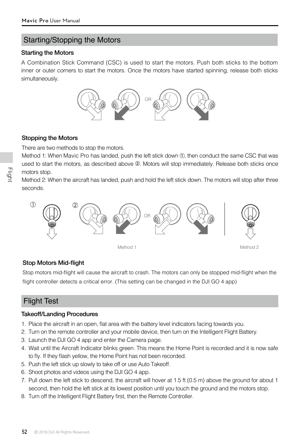 Starting/stopping the motors, Flight test | DJI Mavic Pro User Manual | Page 52 / 60