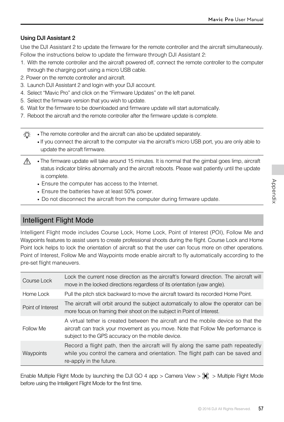 Intelligent flight mode | DJI Mavic Pro User Manual | Page 57 / 60