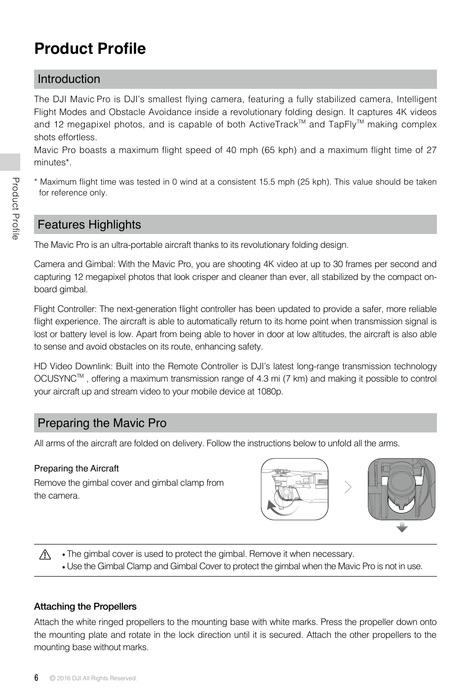 Product profile, Introduction, Features highlights | Preparing the mavic pro | DJI Mavic Pro User Manual | Page 6 / 60