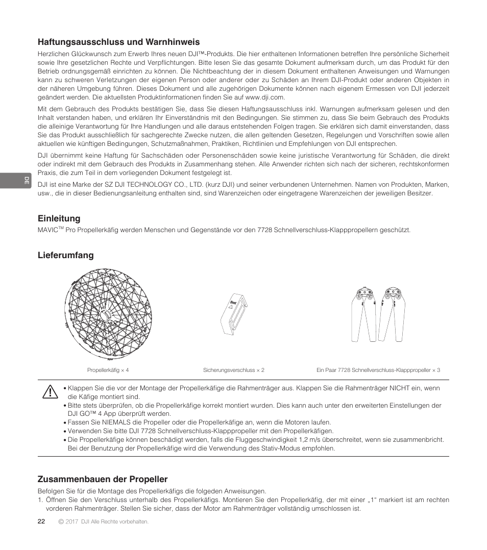 Haftungsausschluss und warnhinweis, Einleitung, Lieferumfang | Zusammenbauen der propeller | DJI Mavic Propeller Cage User Manual | Page 24 / 52