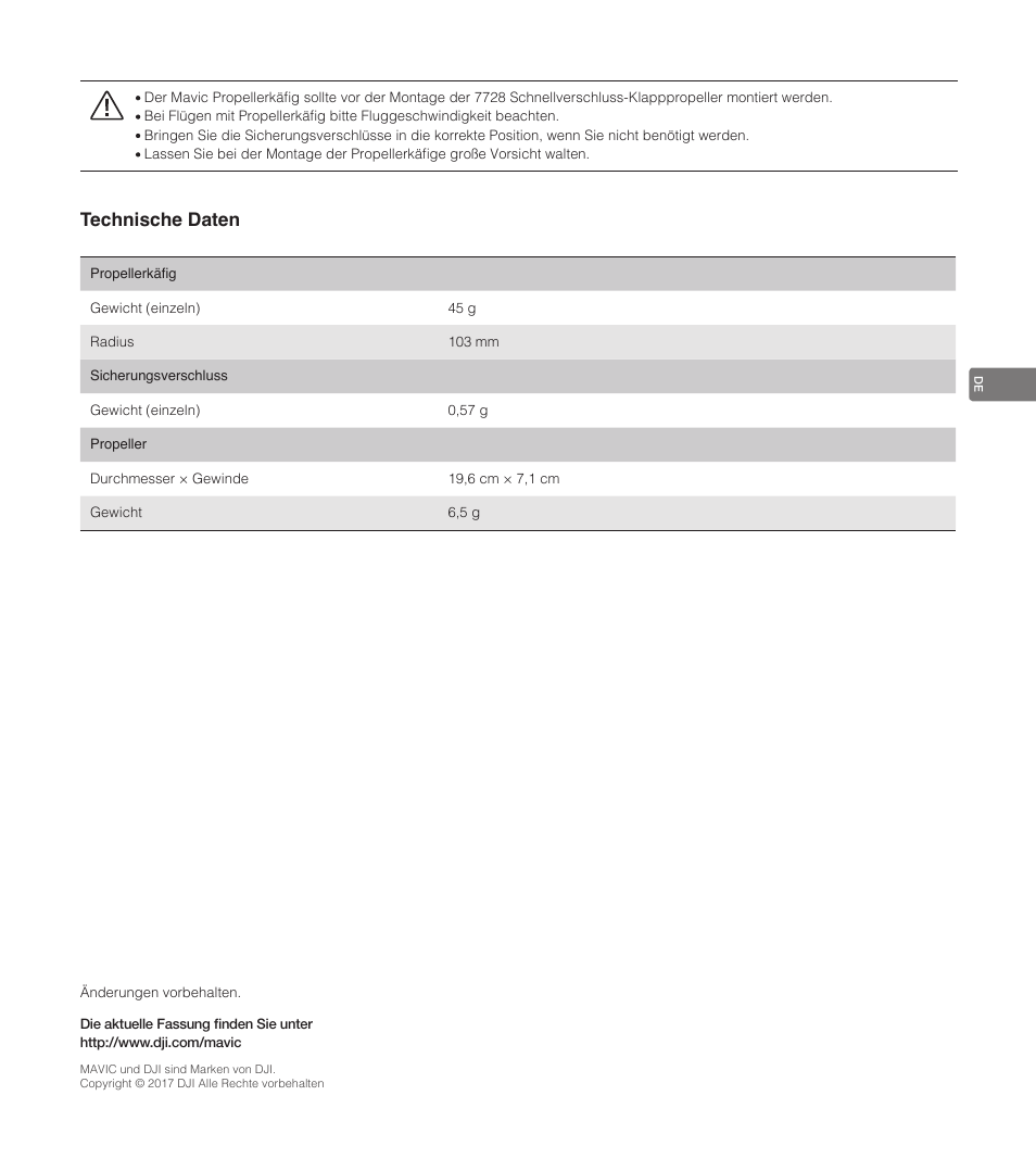 Technische daten | DJI Mavic Propeller Cage User Manual | Page 27 / 52