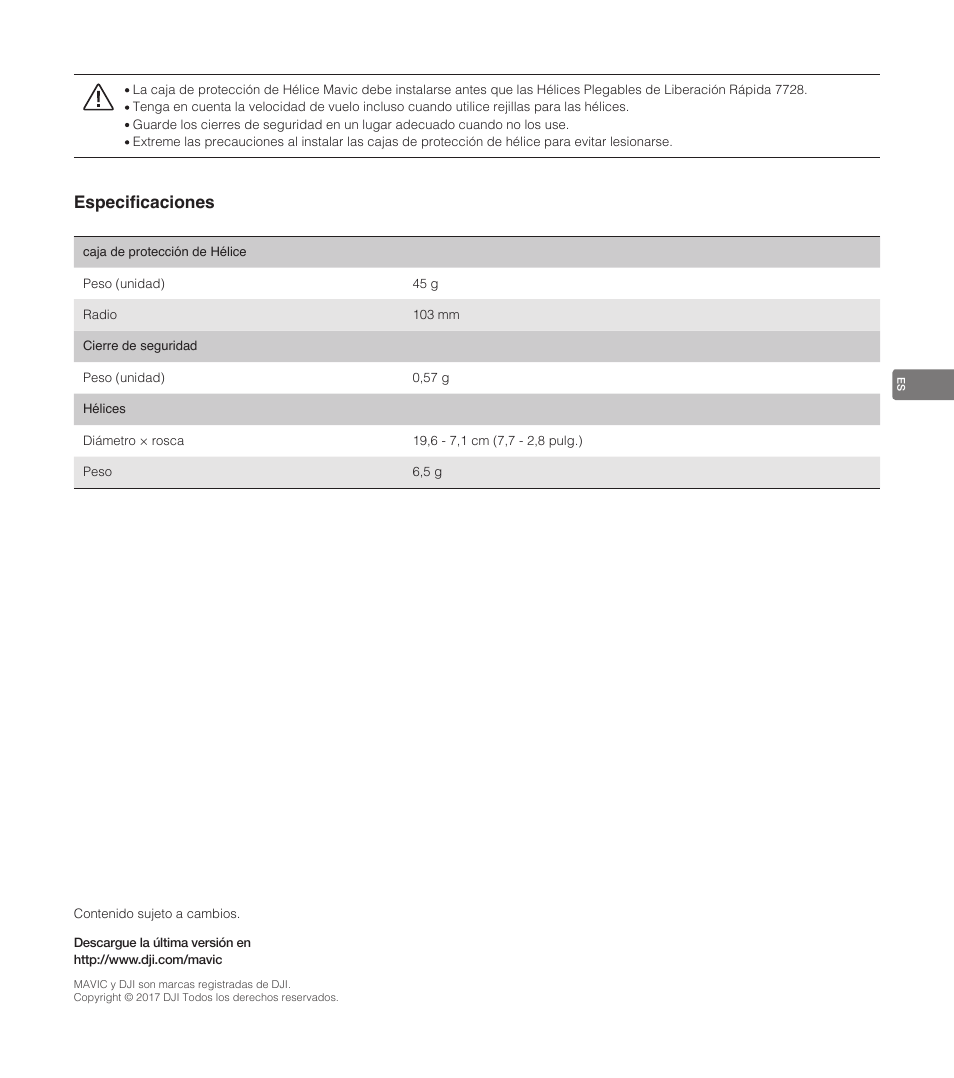 Especificaciones | DJI Mavic Propeller Cage User Manual | Page 31 / 52