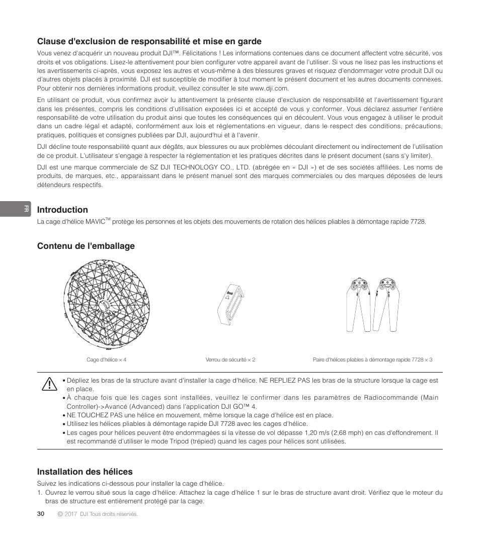 Introduction, Contenu de l'emballage, Installation des hélices | DJI Mavic Propeller Cage User Manual | Page 32 / 52