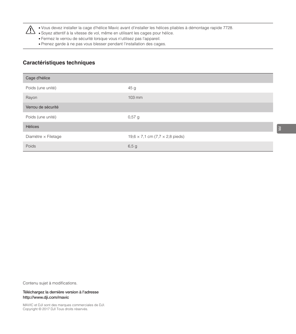 Caractéristiques techniques | DJI Mavic Propeller Cage User Manual | Page 35 / 52