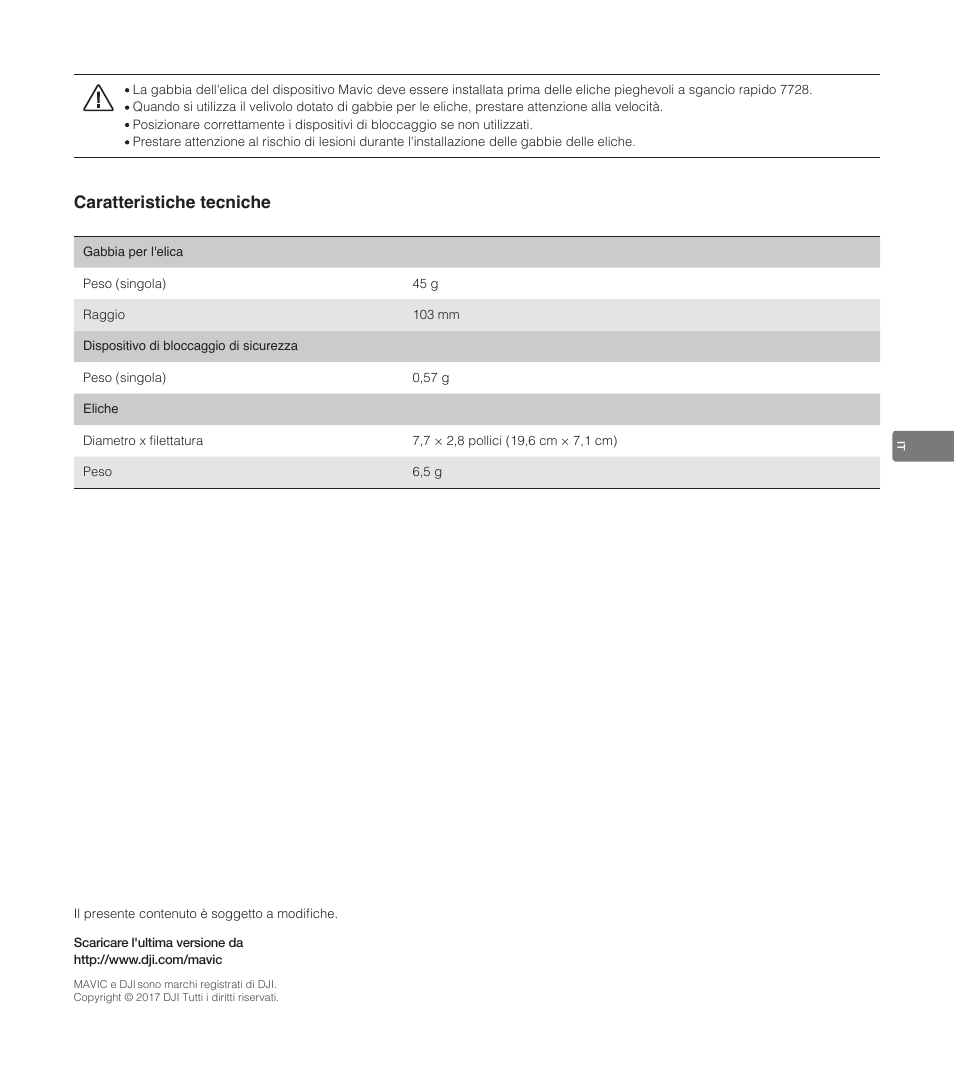 Caratteristiche tecniche | DJI Mavic Propeller Cage User Manual | Page 39 / 52