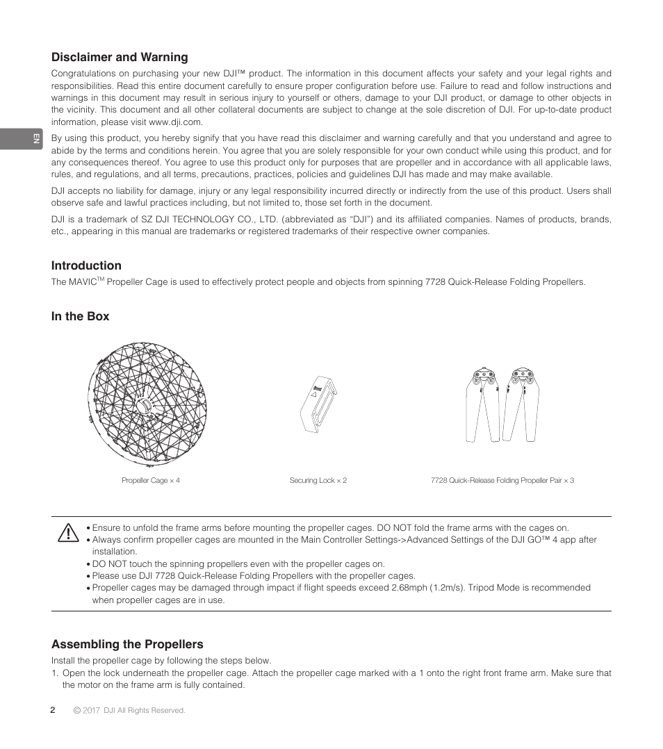 Disclaimer and warning, Introduction, Assembling the propellers | DJI Mavic Propeller Cage User Manual | Page 4 / 52