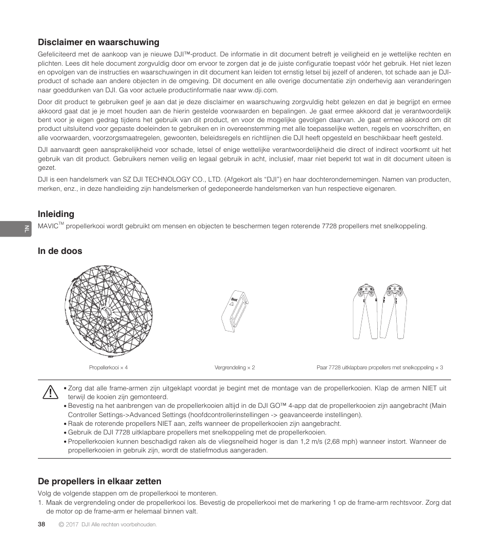 Disclaimer en waarschuwing, Inleiding, De propellers in elkaar zetten | DJI Mavic Propeller Cage User Manual | Page 40 / 52