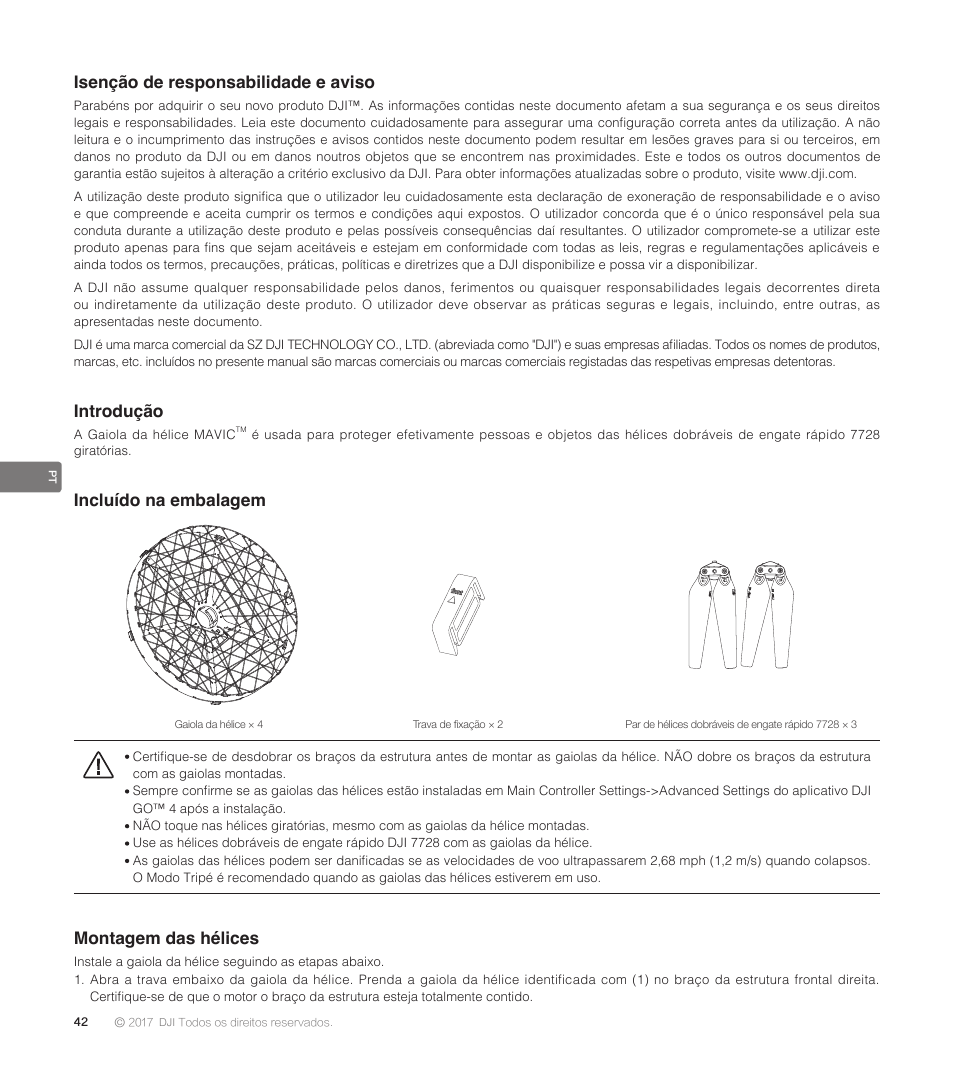 Isenção de responsabilidade e aviso, Introdução, Incluído na embalagem | Montagem das hélices | DJI Mavic Propeller Cage User Manual | Page 44 / 52