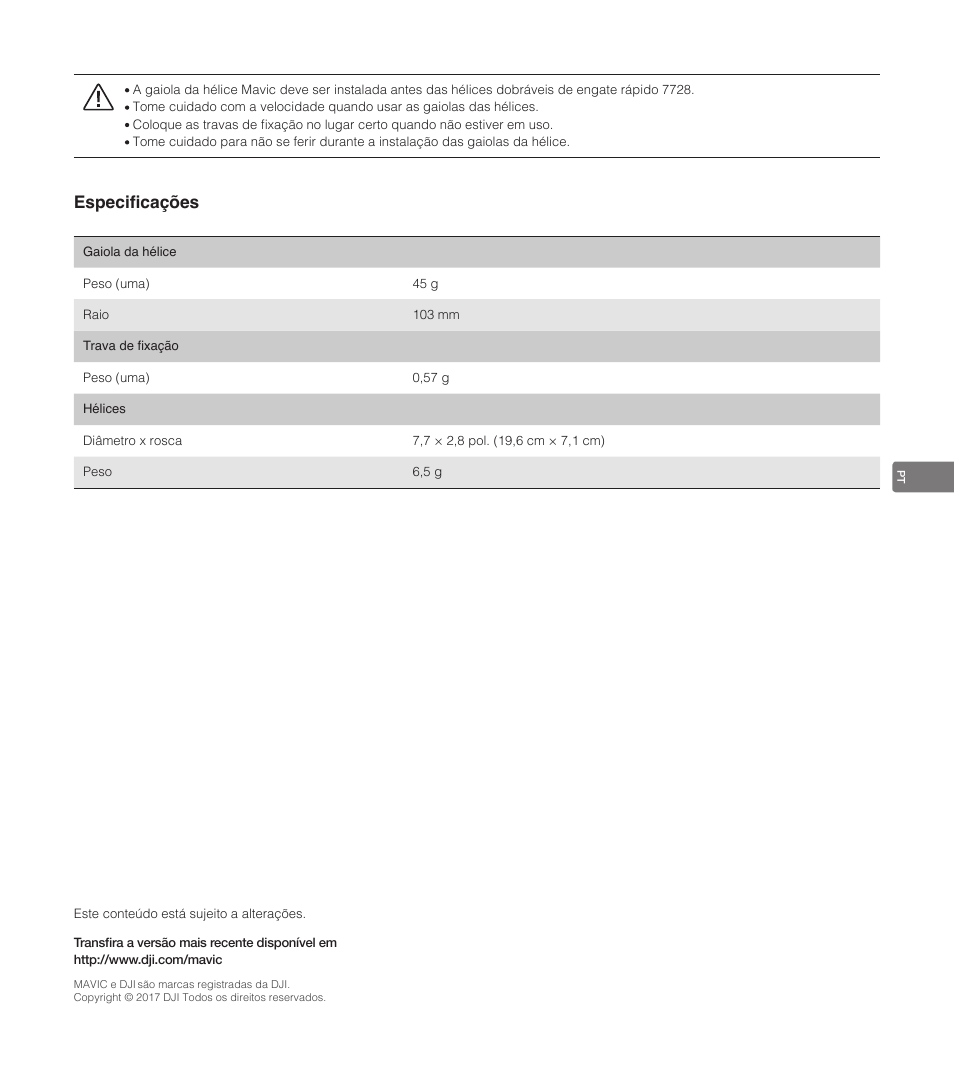Especificações | DJI Mavic Propeller Cage User Manual | Page 47 / 52