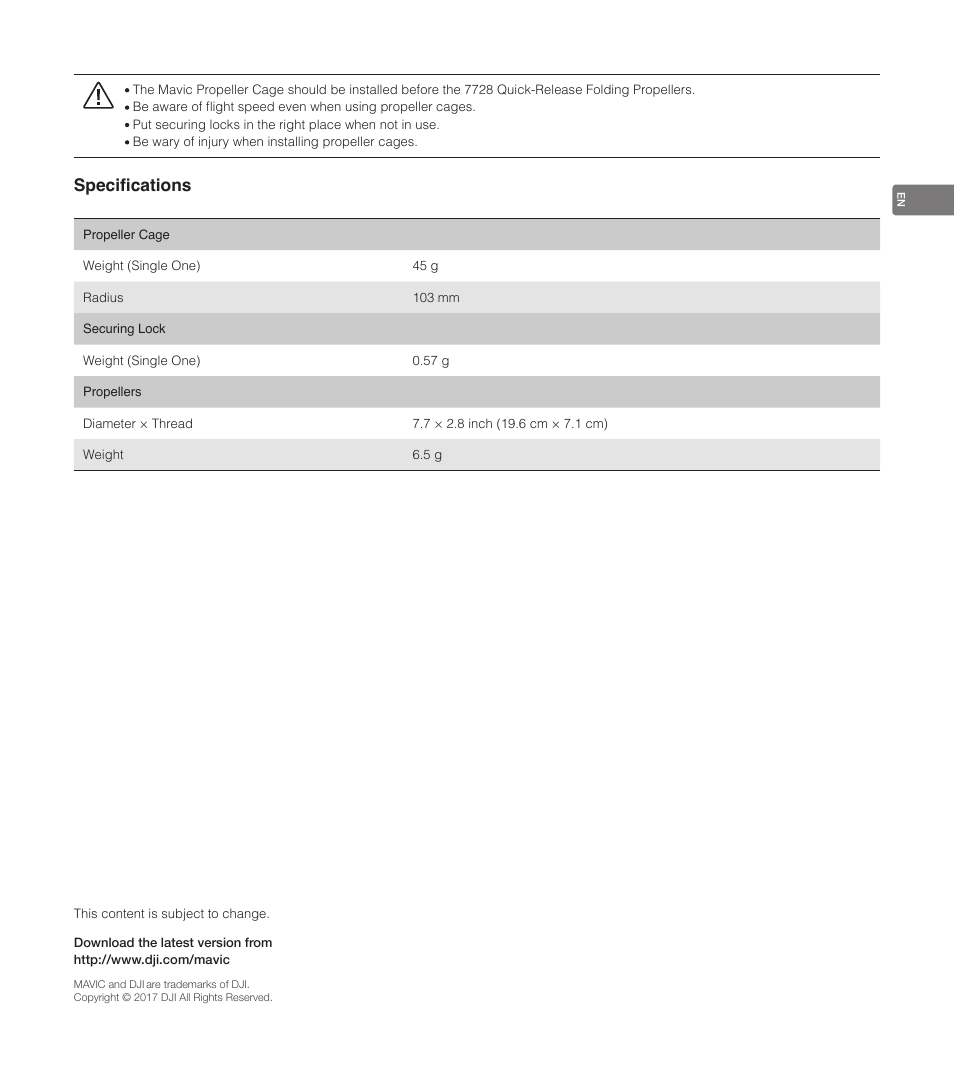 Specifications | DJI Mavic Propeller Cage User Manual | Page 7 / 52