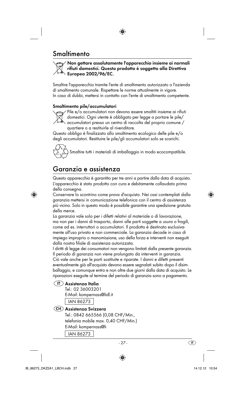 Smaltimento, Garanzia e assistenza | Dentalux DKZ 2 A1 User Manual | Page 30 / 42
