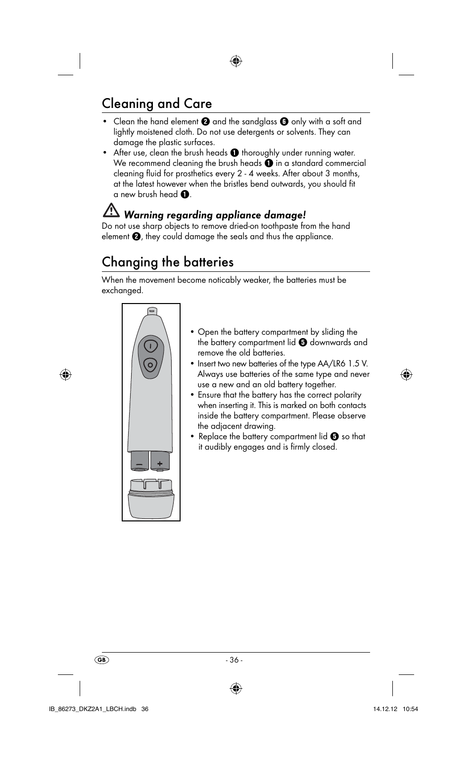 Cleaning and care, Changing the batteries, Warning regarding appliance damage | Dentalux DKZ 2 A1 User Manual | Page 39 / 42